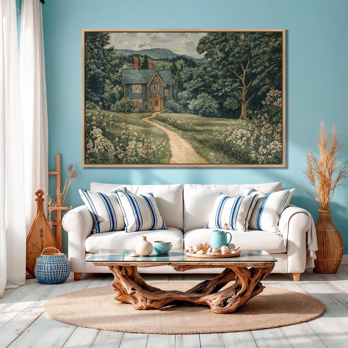 Blue Wooden Cottage In Wildflower Meadow Country Landscape Poster - Image 4