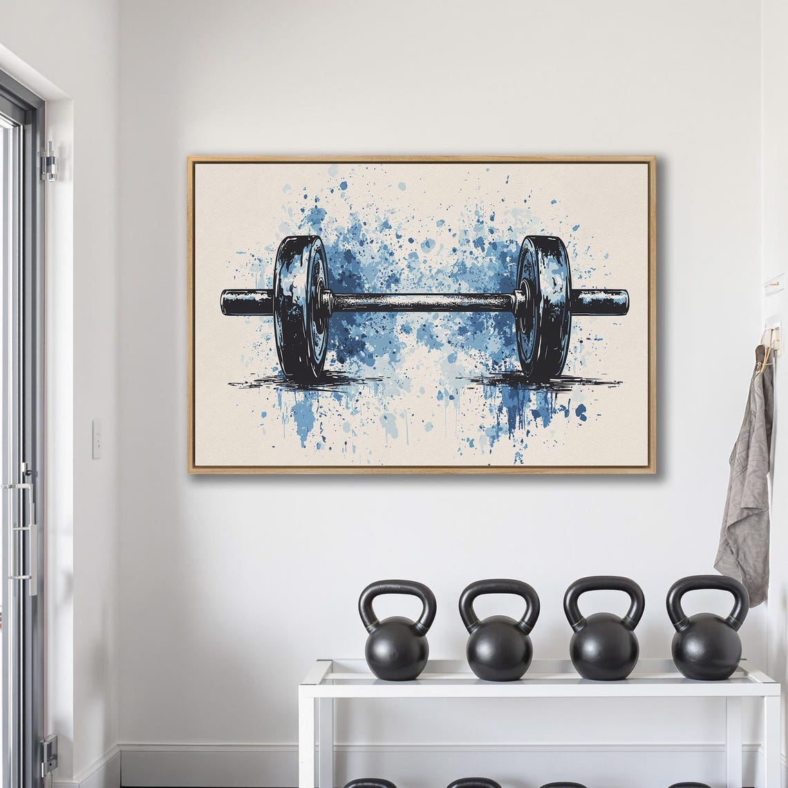 Ink Sketch Barbell with Blue Paint Splatter on Cream Sports Poster - Image 2