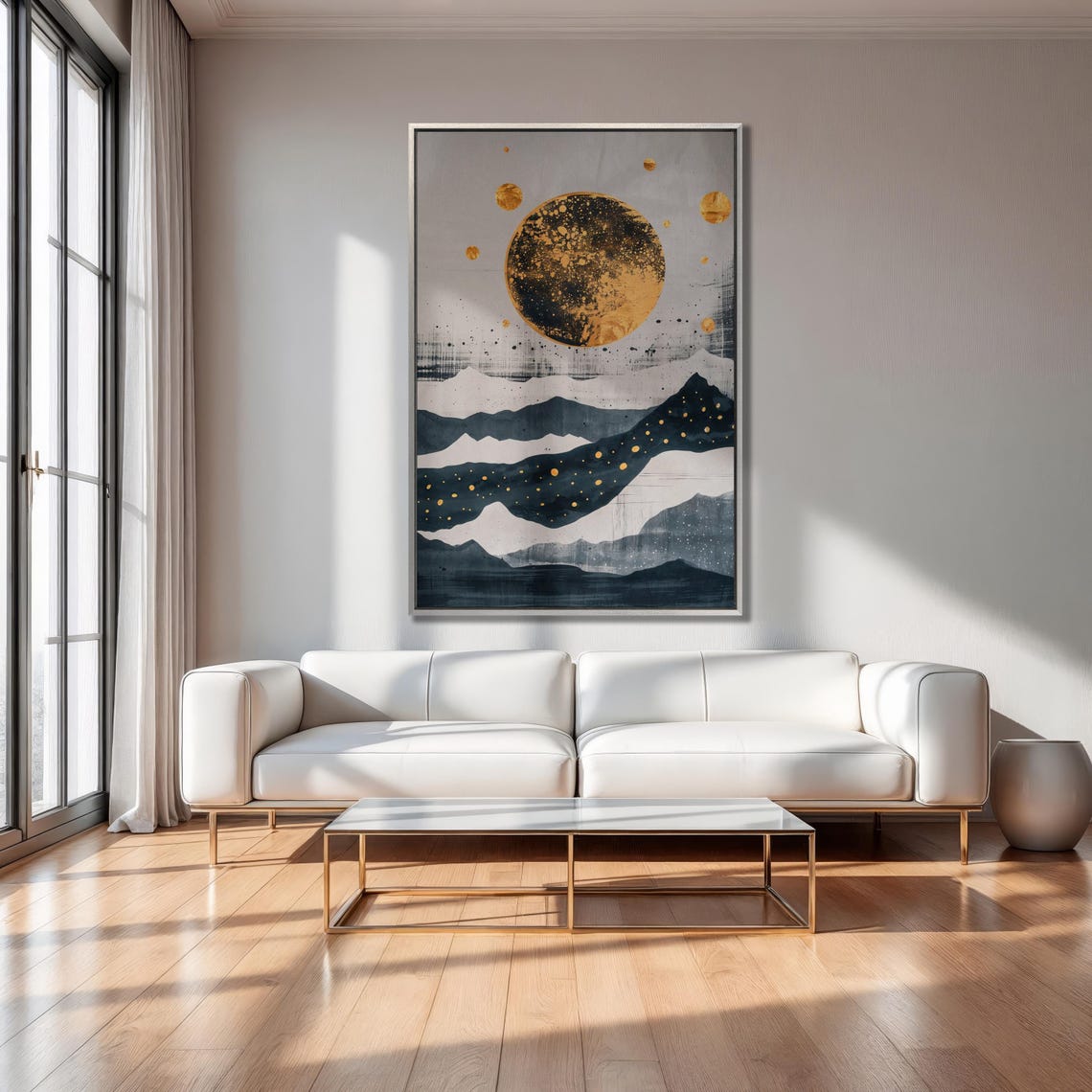 Golden Moon Painting Print Abstract Layered Mountains Wall Art Celestial Theme Poster Vertical Minimalist Decor Ready To Hang - Image 2