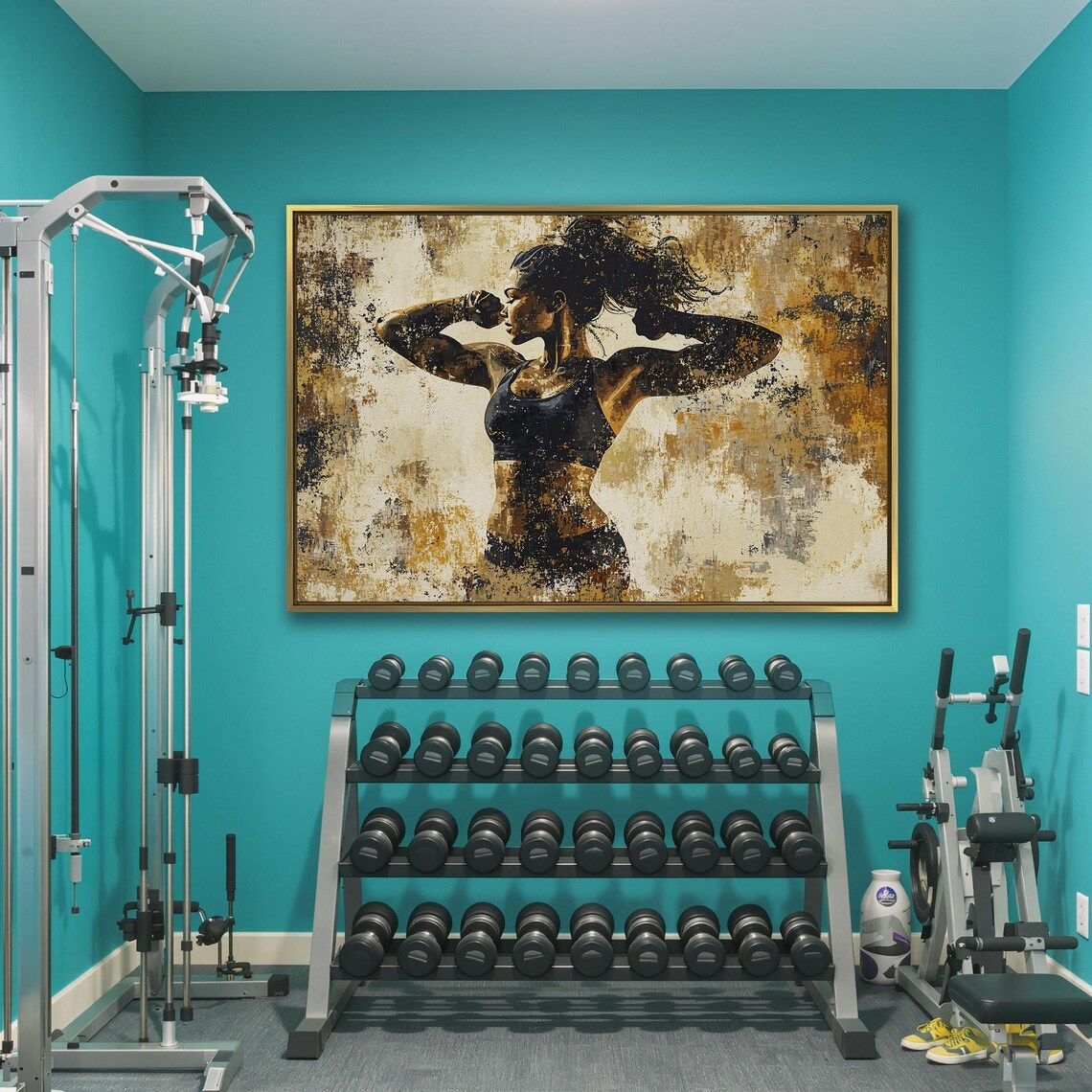 Fit Woman Holding Boxing Stance On Black Gold Abstract Poster - Image 3