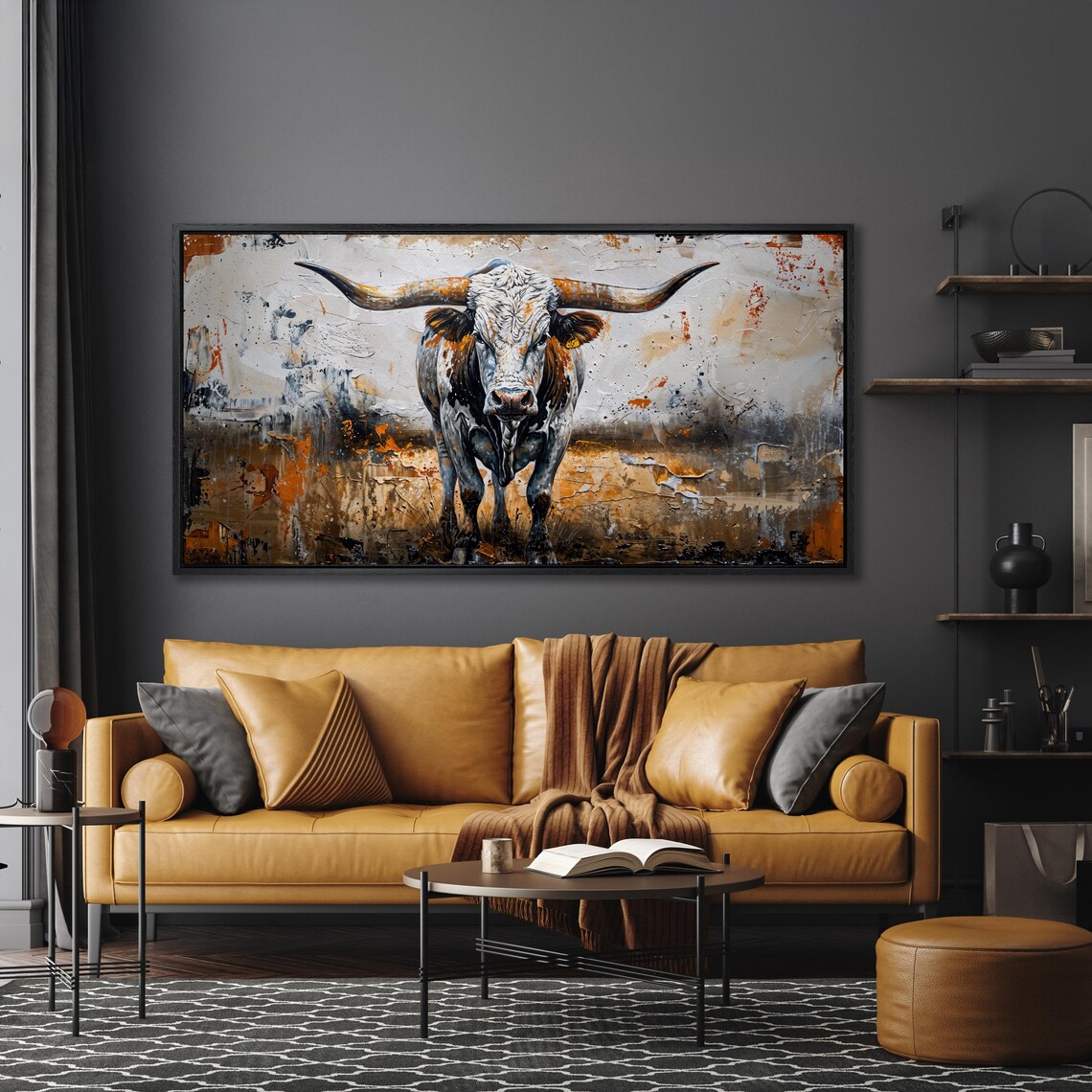 Rustic Texas Longhorn Bull Portrait Wide Canvas Farmhouse Poster - Image 4
