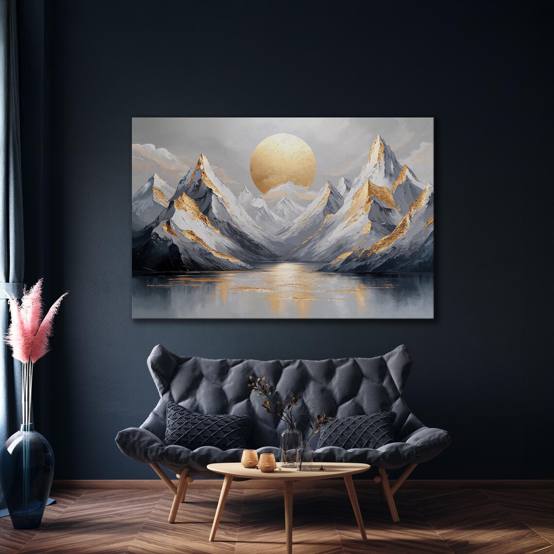 Golden Sun Rising Over Gray Mountains and Calm Lake Art Poster - Image 4