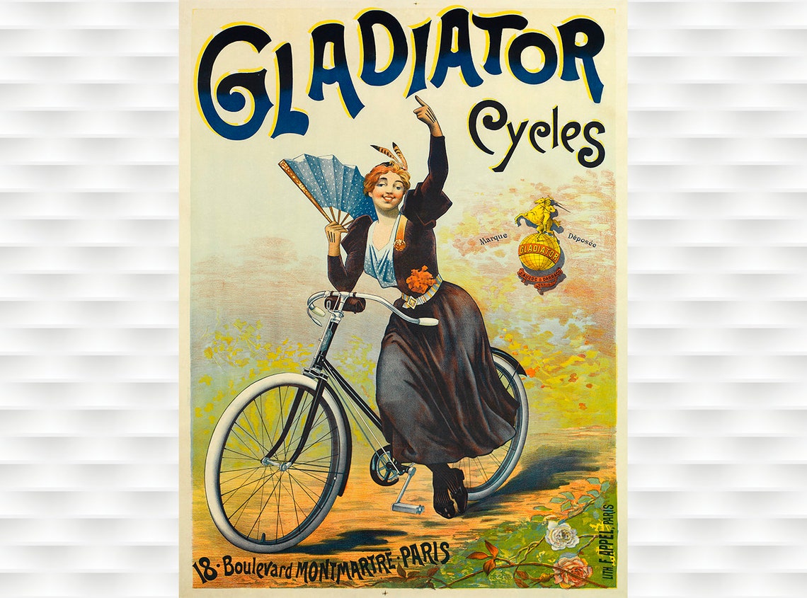 Gladiator Cycles Woman Bicycle Montmartre Paris Vintage French Poster
