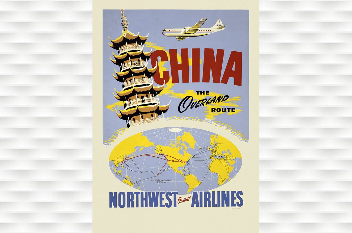 Northwest Orient Airlines China Overland Route Vintage Travel Poster