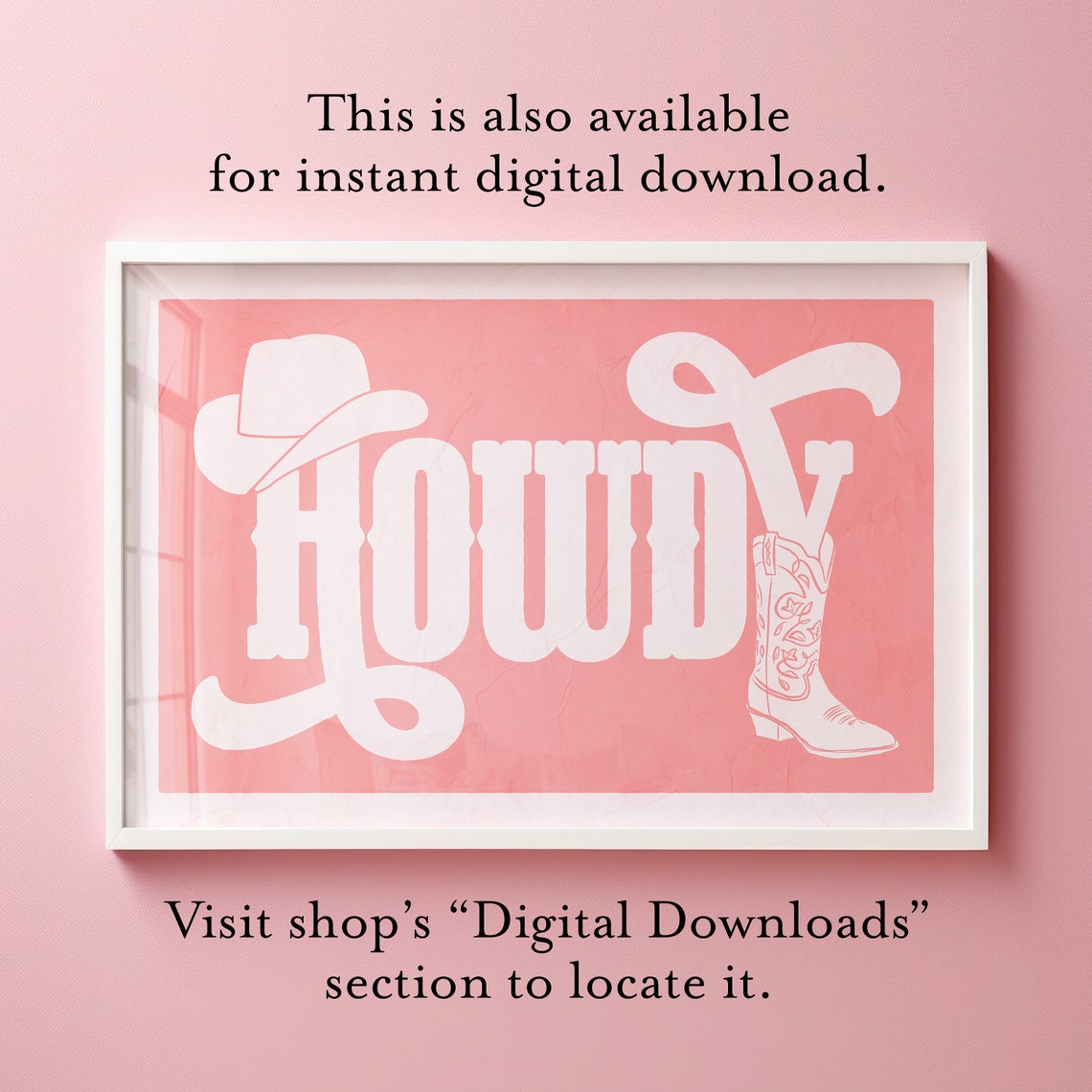 Howdy Pink Cowgirl Typography White Hat Boot Soft Girly Wall Art - Image 4