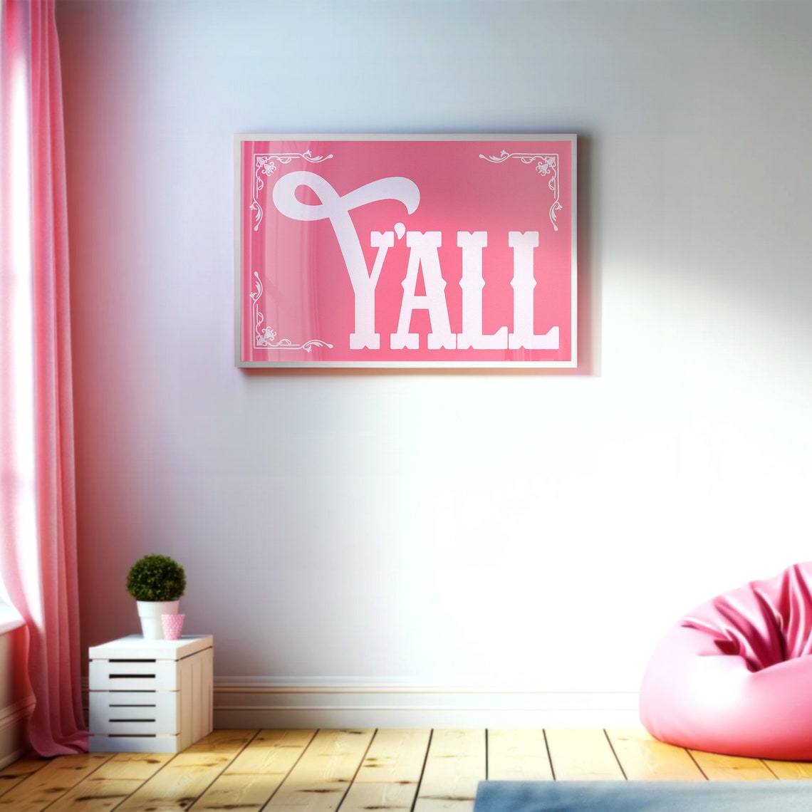 Yall White On Hot Pink Vintage Flourish Typography Wall Poster - Image 2
