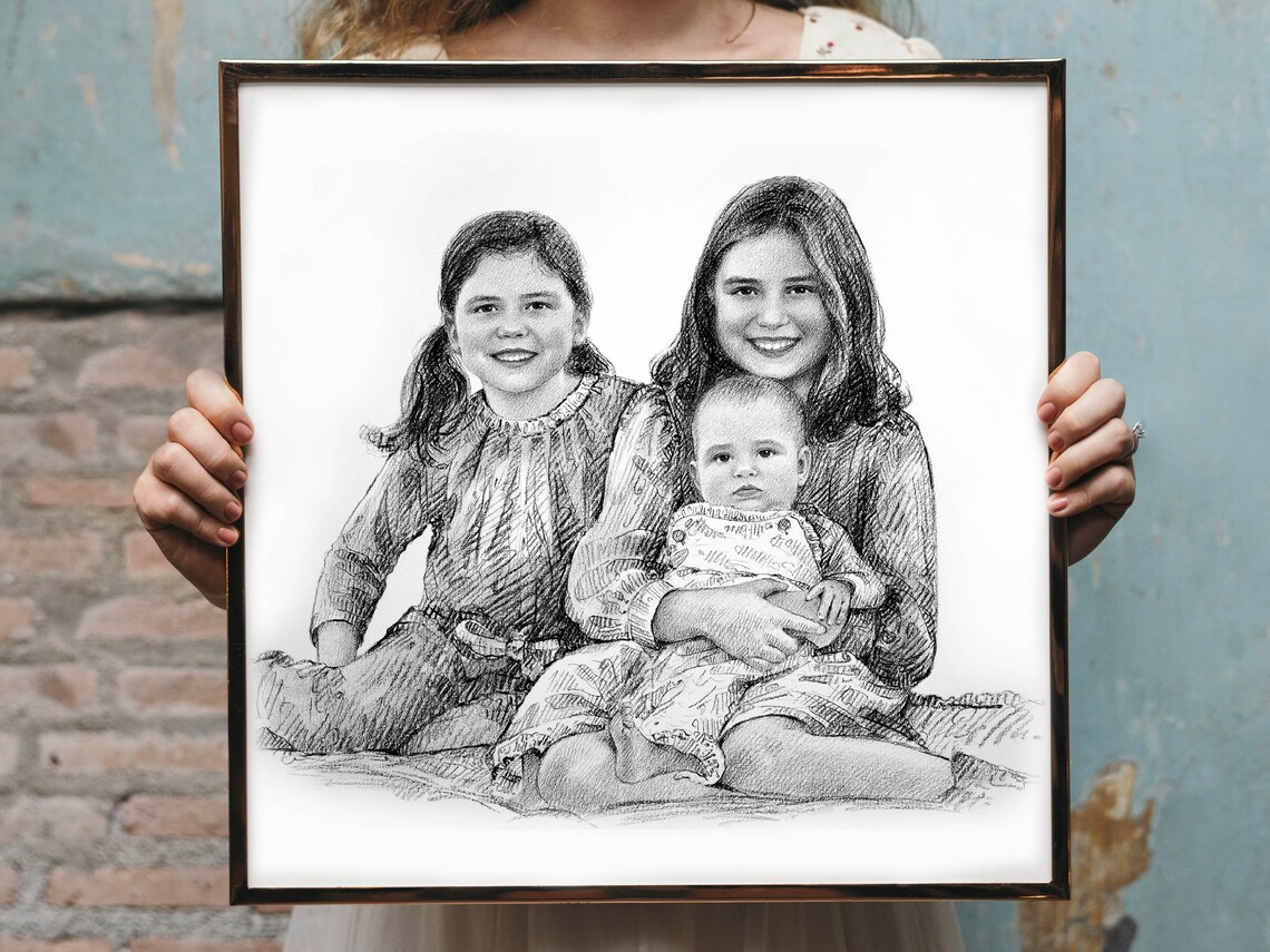 Three Women and Little Girl Custom Pencil Portrait Sketch Print - Image 7