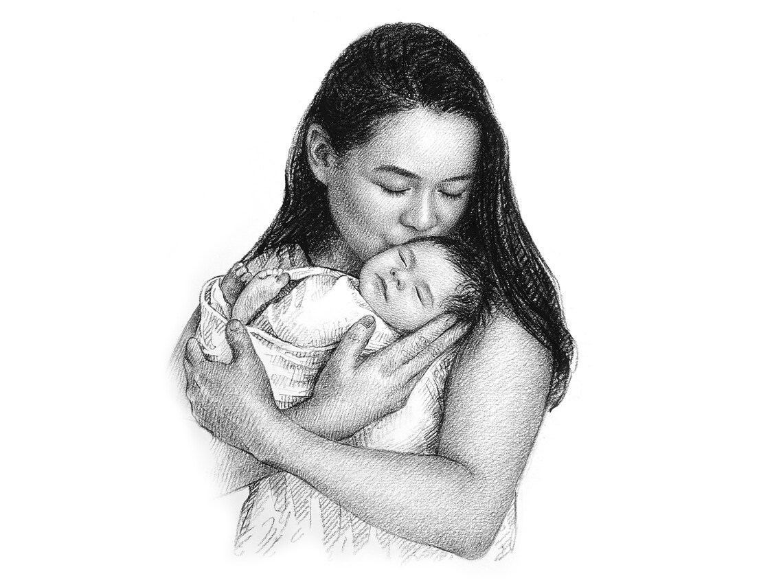 Mother Kissing Daughter Custom Pencil Portrait Sketch Art Print - Image 9