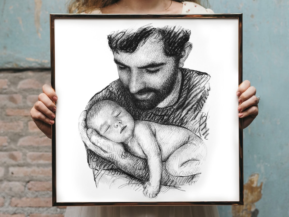 Father Holding Laughing Baby Custom Pencil Portrait Sketch Print - Image 4