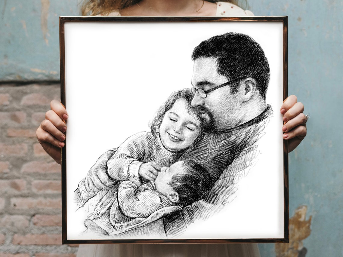 Dad Embracing His Kids Custom Charcoal Portrait Sketch Art Print