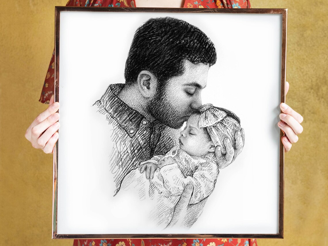 Father Kissing Newborn Baby Custom Pencil Portrait Sketch Poster