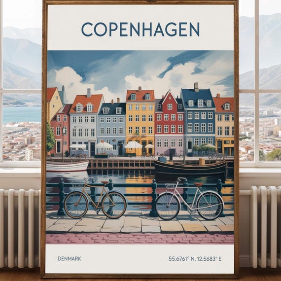 Copenhagen Townhouses Canal Poster Red And Blue Illustration Scandinavian Cityscape Art Denmark Travel Print