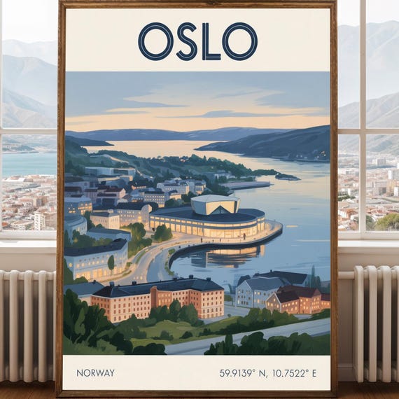Oslo Evening View Poster Navy And Teal Art Print Norwegian Cityscape Scandinavian Design Contemporary Travel Decor