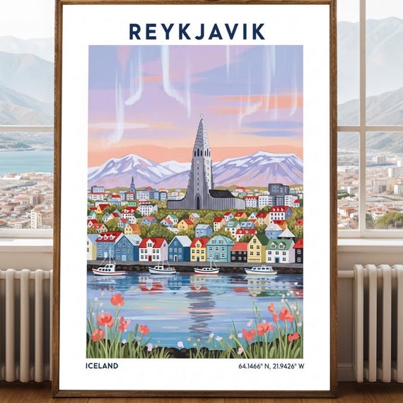Reykjavik Hallgrmskirkja Church Poster Pink And Blue Cityscape Art Iceland Travel Illustration Contemporary Wall