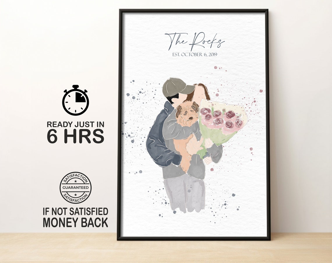 The Rocks Couple With Dog And Pink Roses Watercolor Keepsake Poster