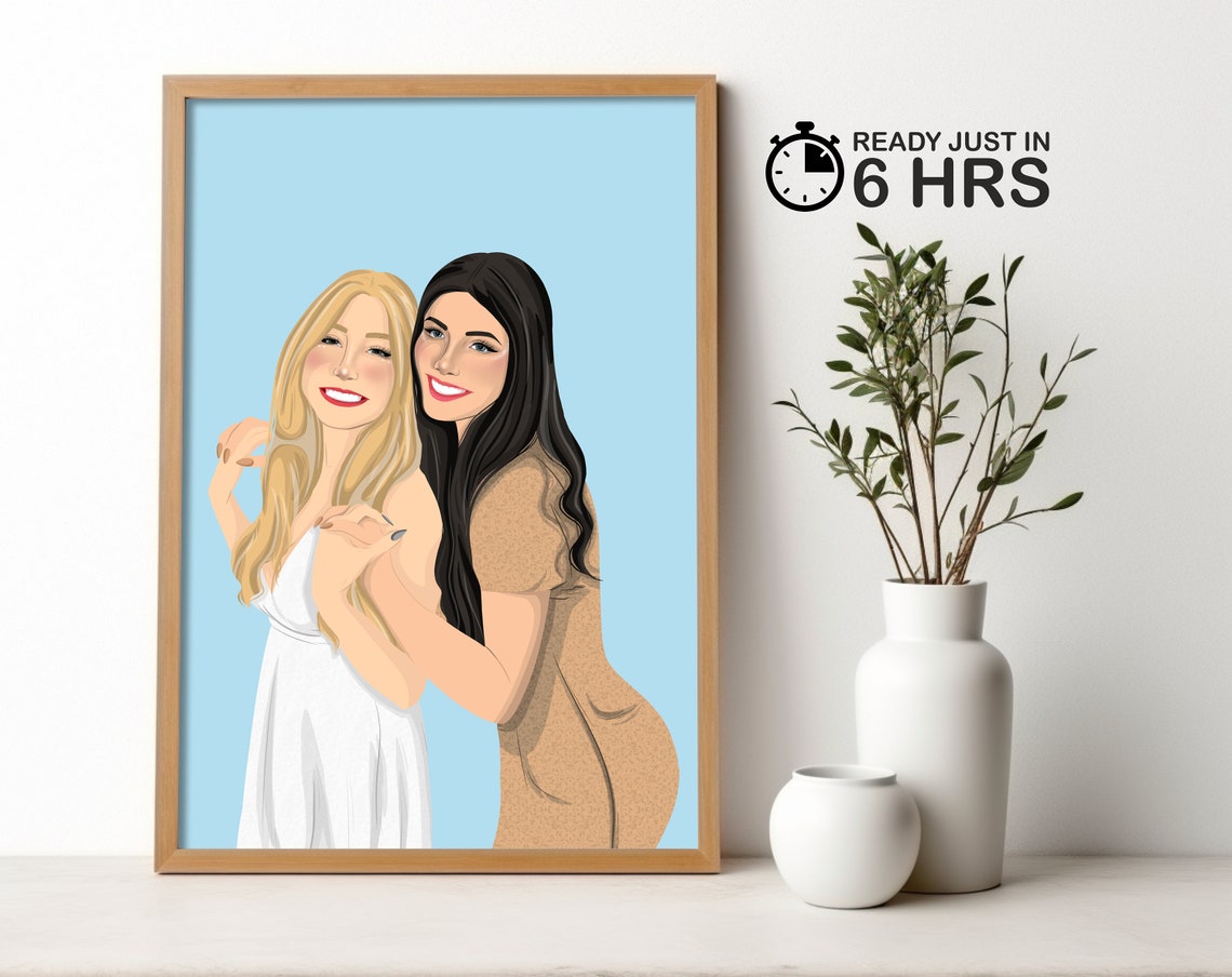 Two Best Friends Smiling Portrait Hug On Blue Background Wall Art