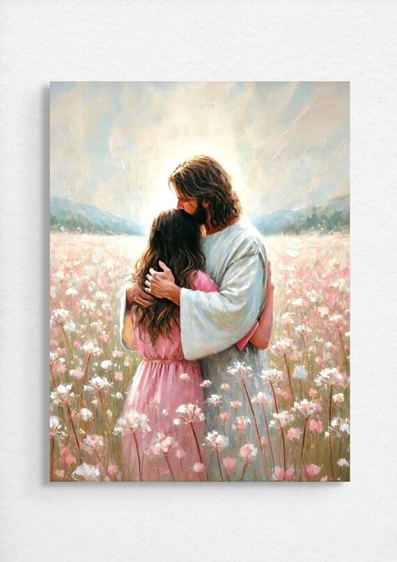 Jesus Hugging Girl in Pink Wildflower Field Tender Art Poster
