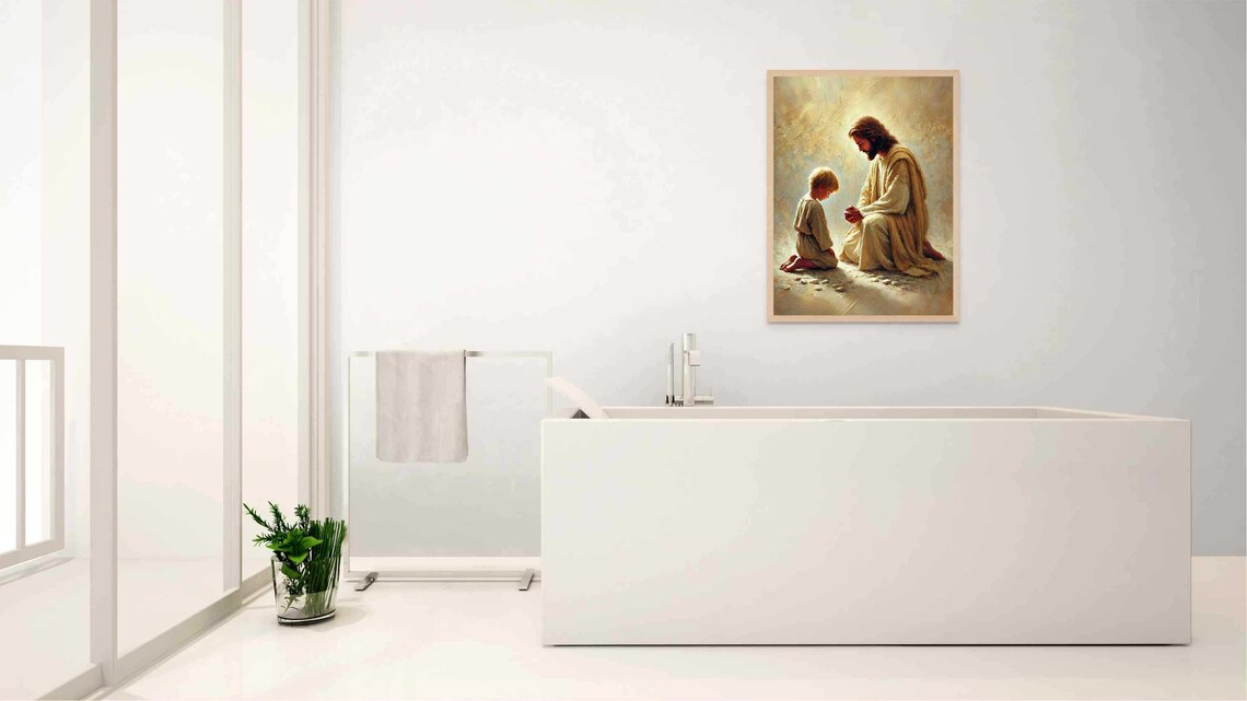 Jesus Praying Beside Little Boy Warm Golden Christian Art Poster - Image 3