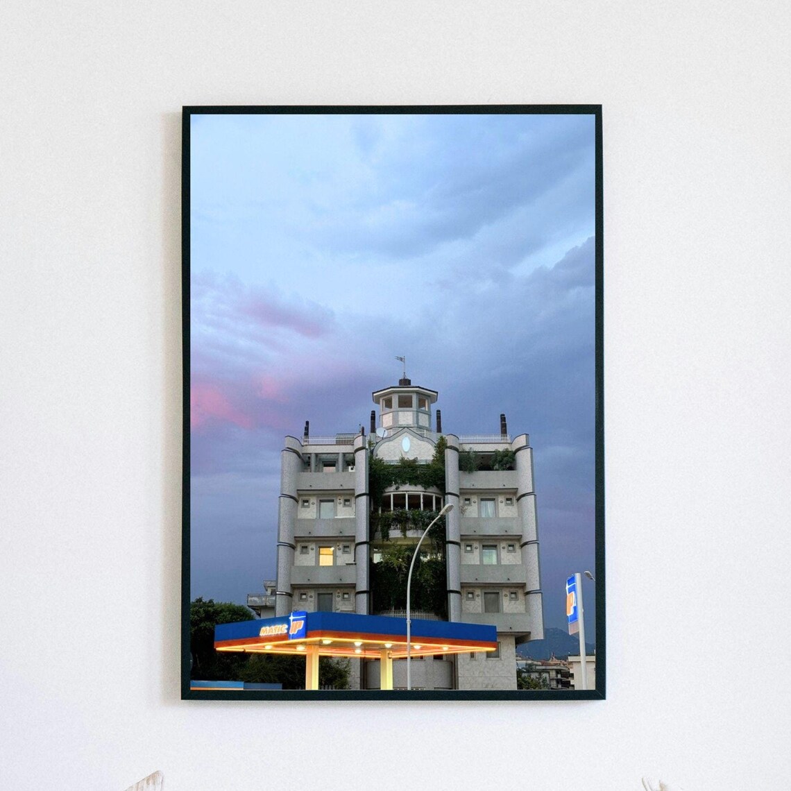 Italian Gas Station Dusk Retro Urban Street Photography Poster