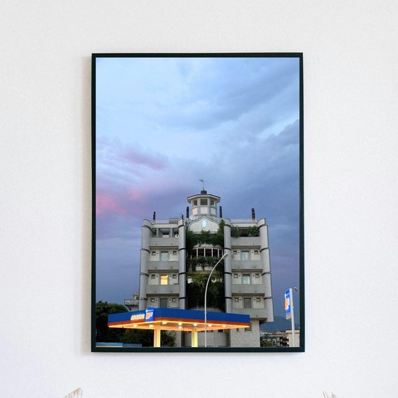 Italian Gas Station And Architectural Building At Sunset Fine Art Photography Print Urban Landscape Wall Art