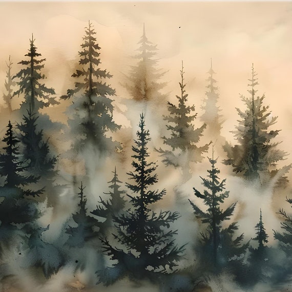 Foggy Forest Wall Art Print Cabin Forest Painting For Rustic Home Decor Watercolor Pine Forest Art Print Large Nature Wall Art For Bedroom