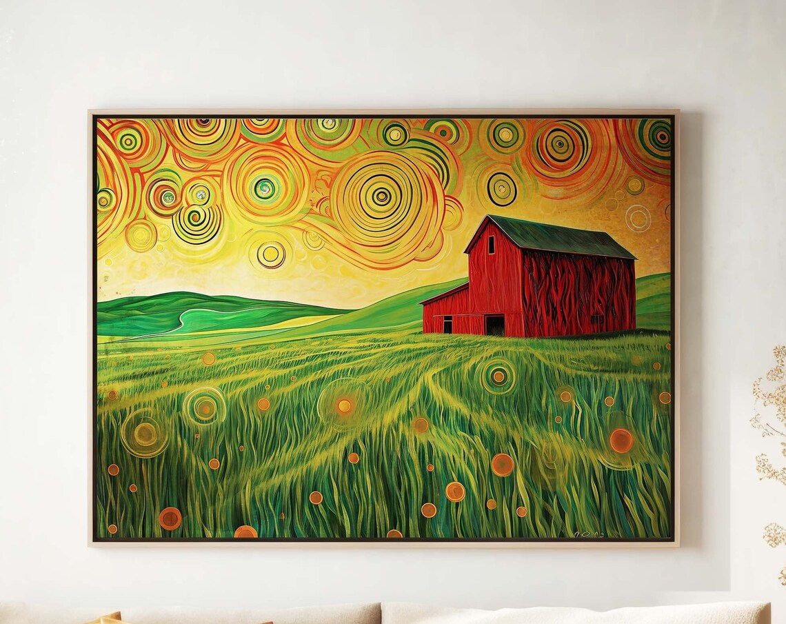 Red Barn Green Rolling Hills Landscape Print Whimsical Country Decor