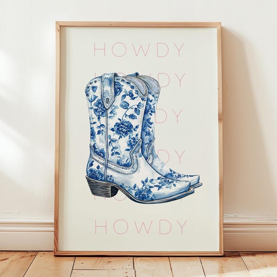 Chinoiserie Cowgirl Boots Print Poster Howdy Blue Western Room Decor Wall Art Preppy