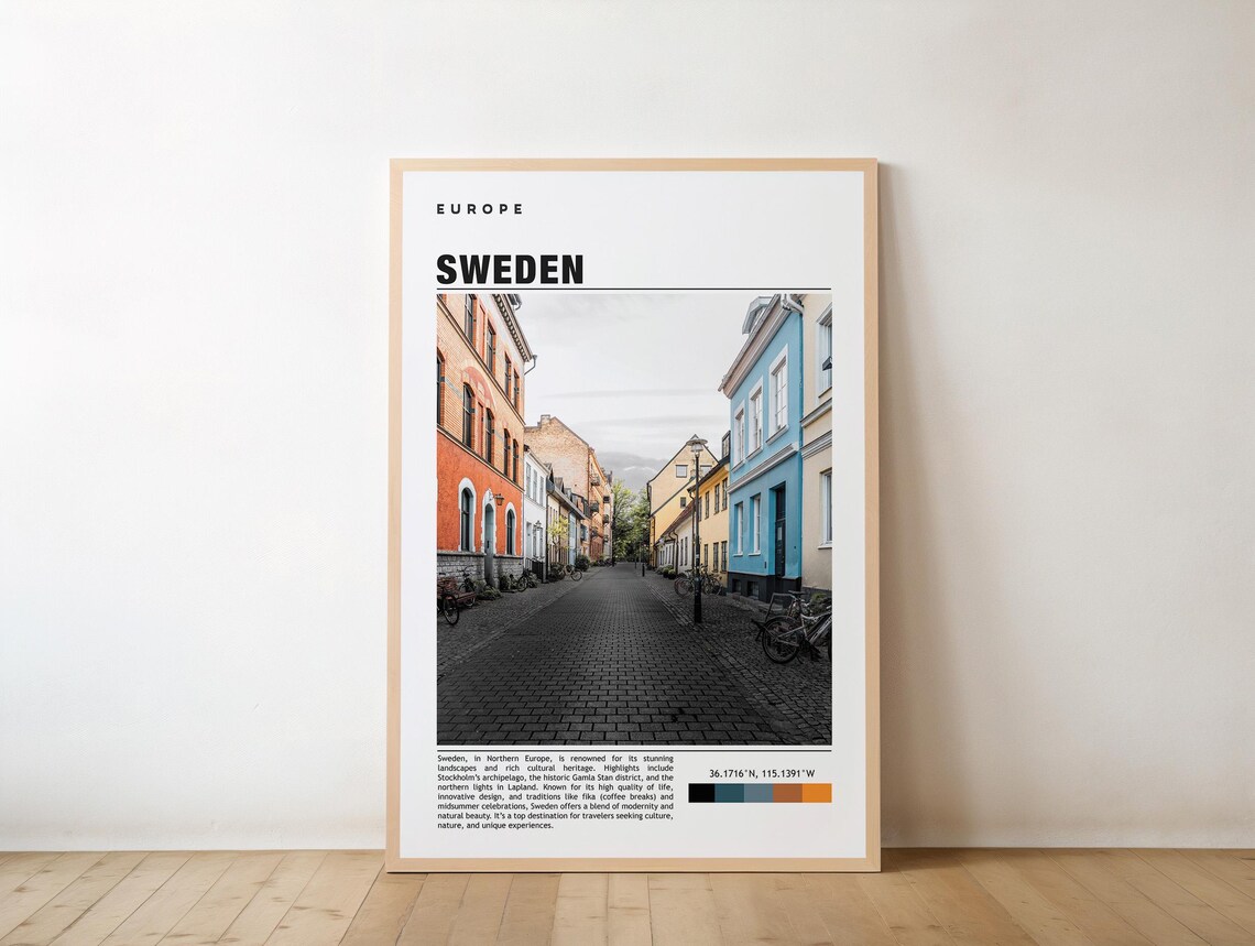 Sweden Cobblestone Street Colorful Houses Photo Travel Poster