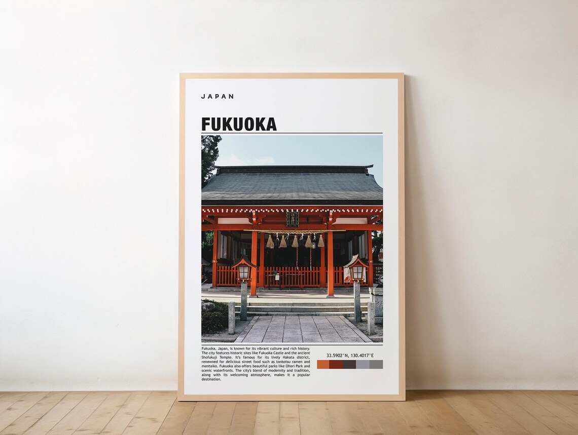 Fukuoka Japan Travel Poster with Traditional Vermilion Shrine View