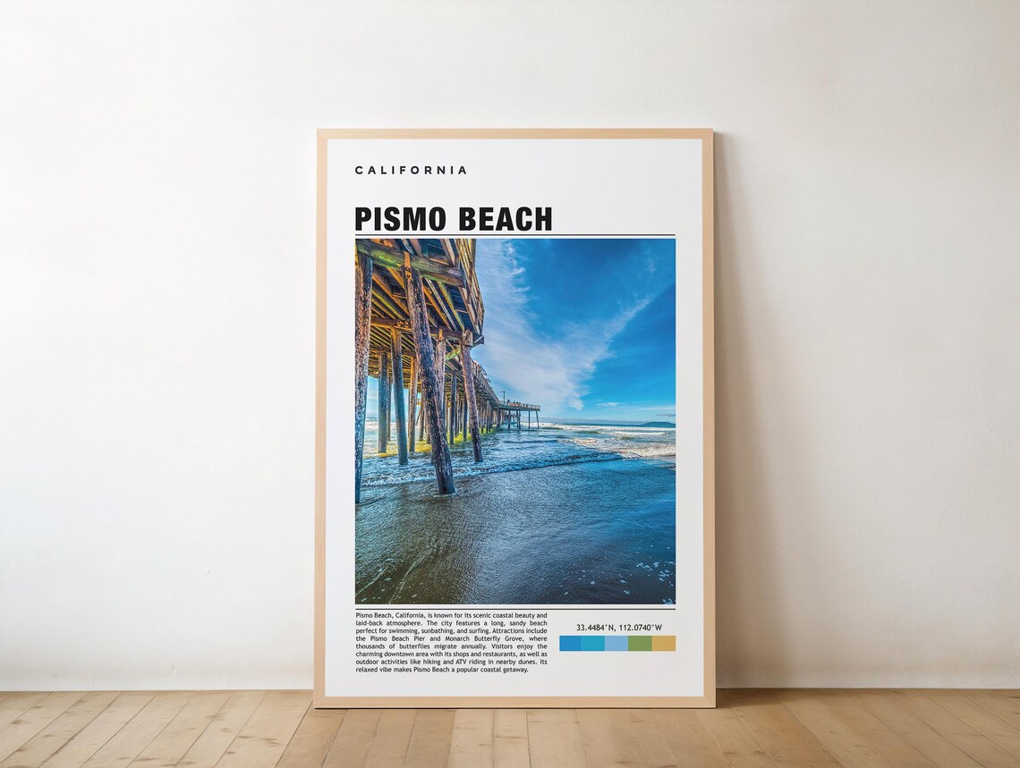 Pismo Beach California Travel Poster with Iconic Pier and Ocean View