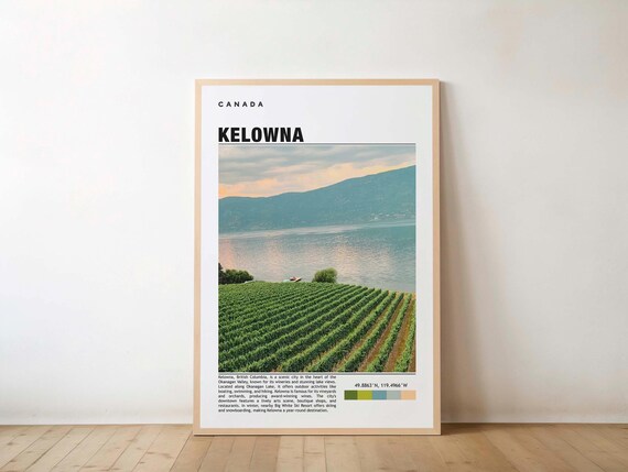 Kelowna Canada Okanagan Lake Vineyard Rows Lakeside Travel Poster