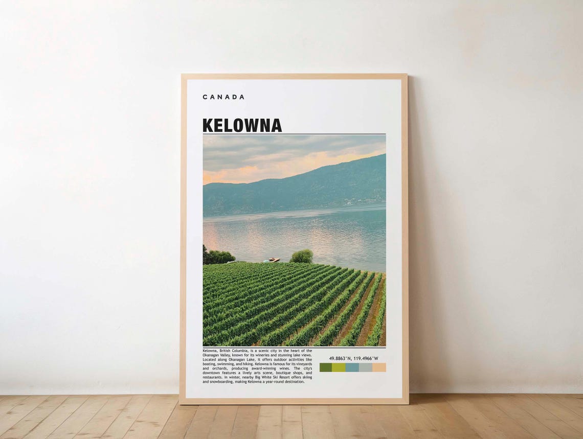 Kelowna Print Travel Poster Canadian Art Scenic Lake Views Outdoor Adventure Vibrant City Wine Country Cultural Heritage Okanagan