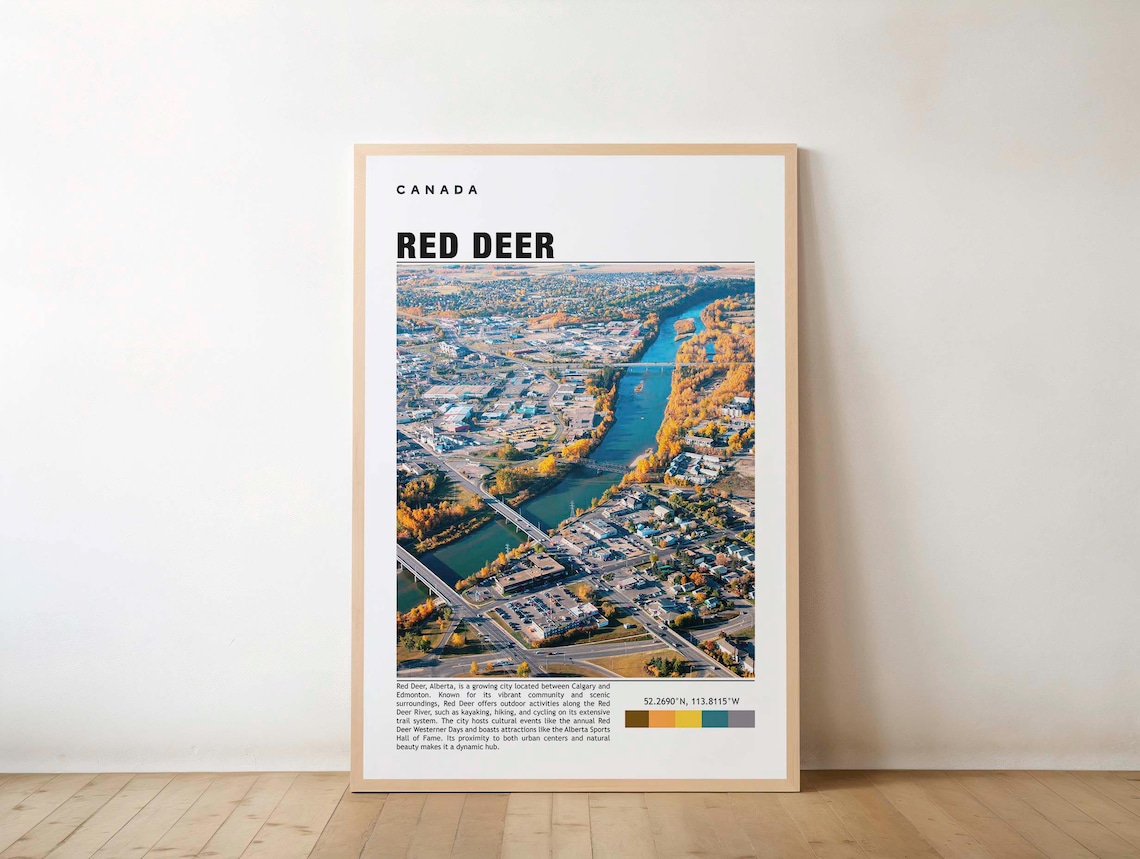 Red Deer Alberta Autumn River Aerial Canada City Travel Poster