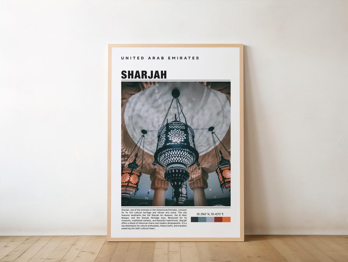 Sharjah UAE Mosque Hanging Lanterns Islamic Architecture Travel Poster