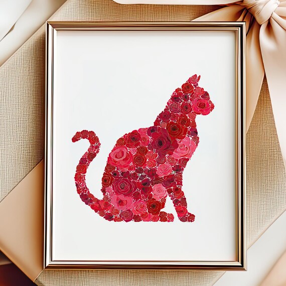 Cat Silhouette Made Of Red Roses Romantic Floral Feline Art Poster