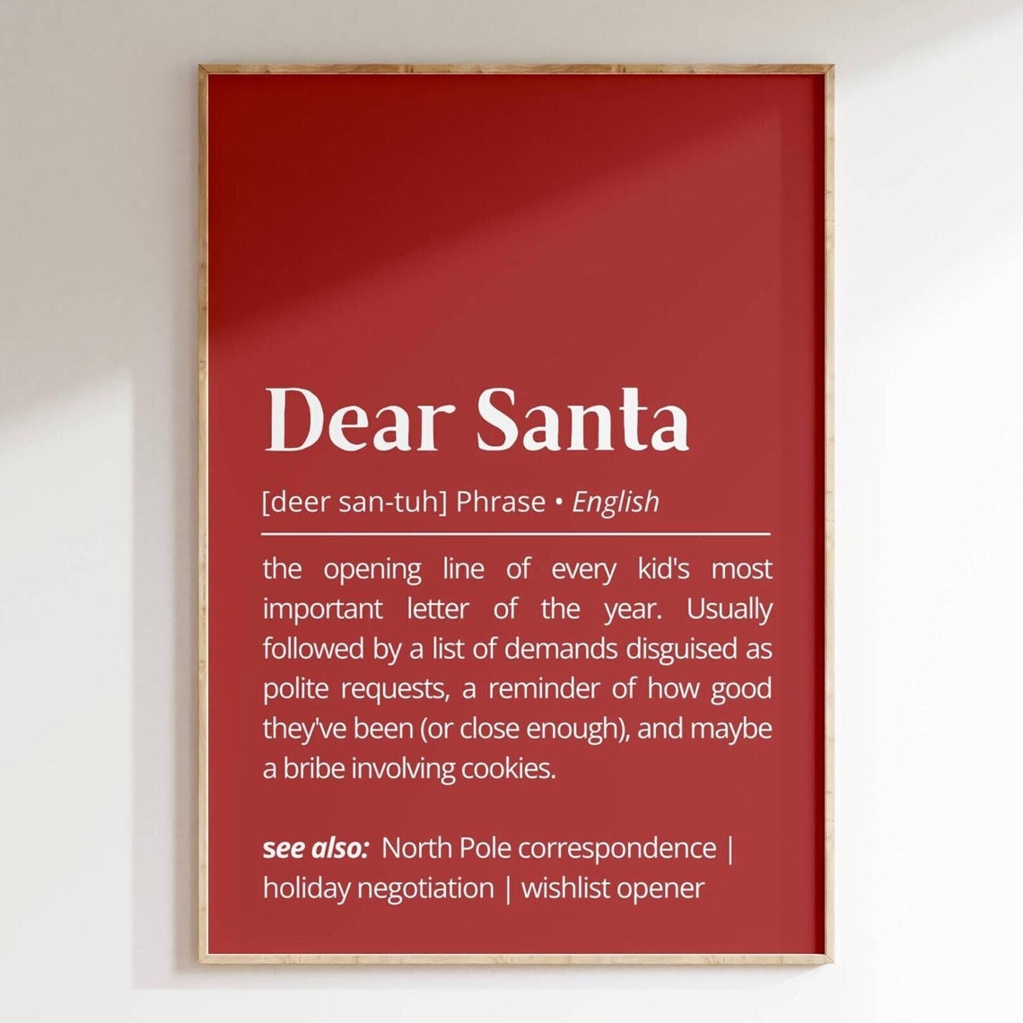 Dear Santa Definition Kids Christmas Letter Dictionary Style Poster