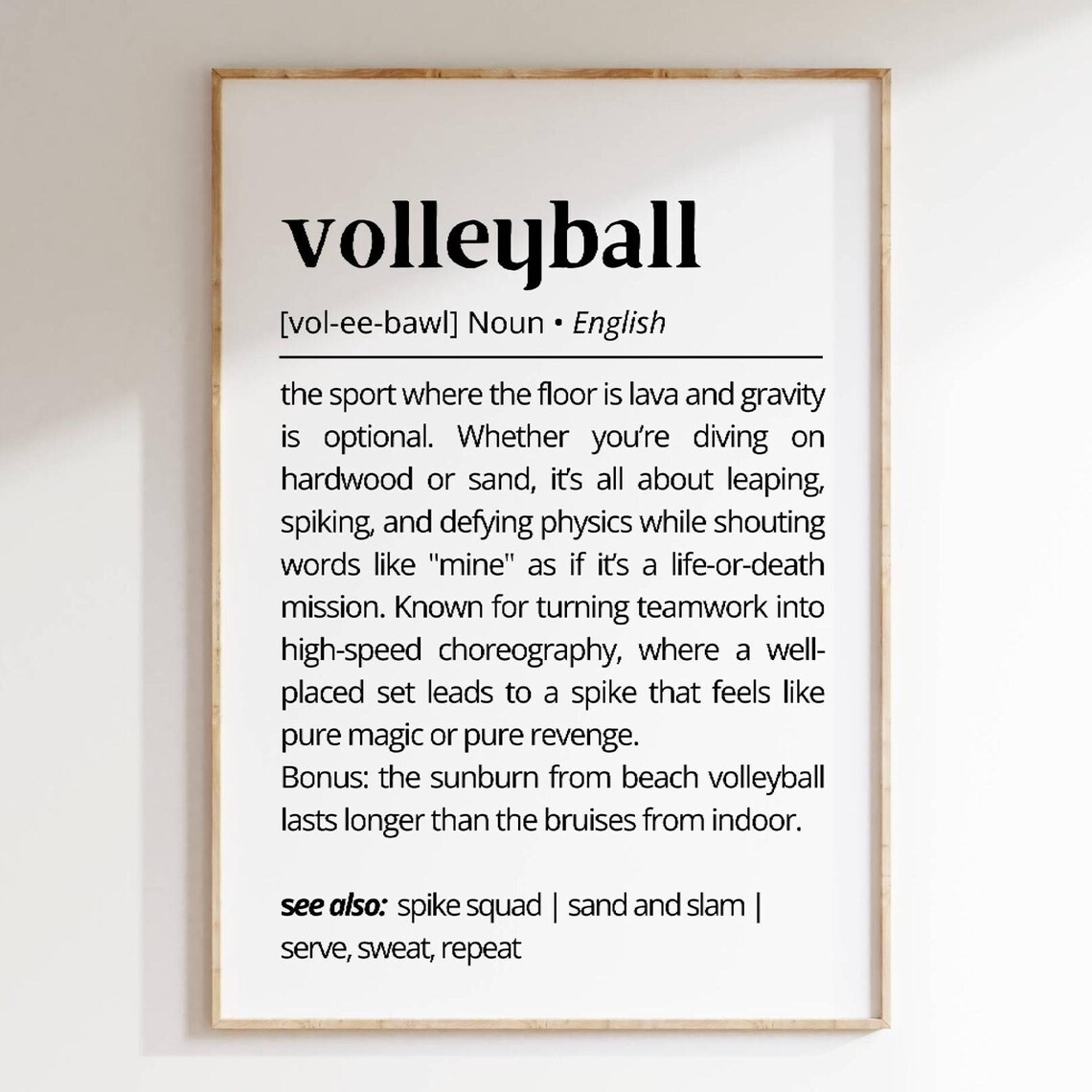 Volleyball Definition Wall Art, Funny Sports Quote