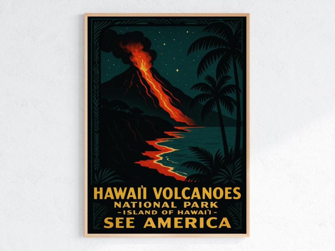 Hawaii Volcanoes National Park Vintage Lava Night Travel Poster