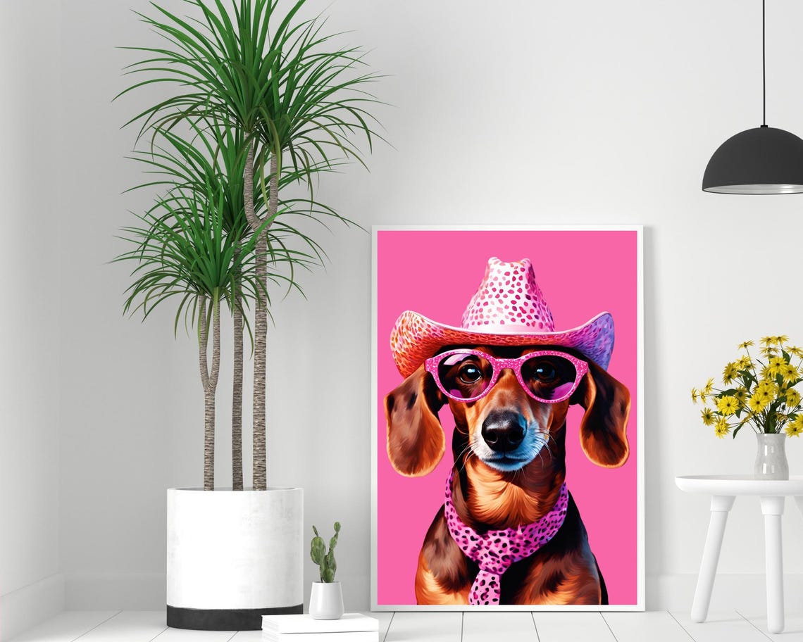 Cowboy Dachshund in Pink Hat and Sunglasses Funny Portrait Poster - Image 2