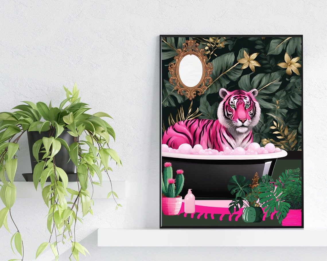 Pink Tiger Bathtub Art Bold Jungle Bathroom Bubble Bath Print - Image 2
