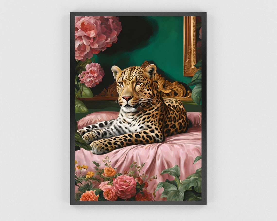 Leopard Lounging On Pink Velvet Chaise In Baroque Room Poster - Image 3