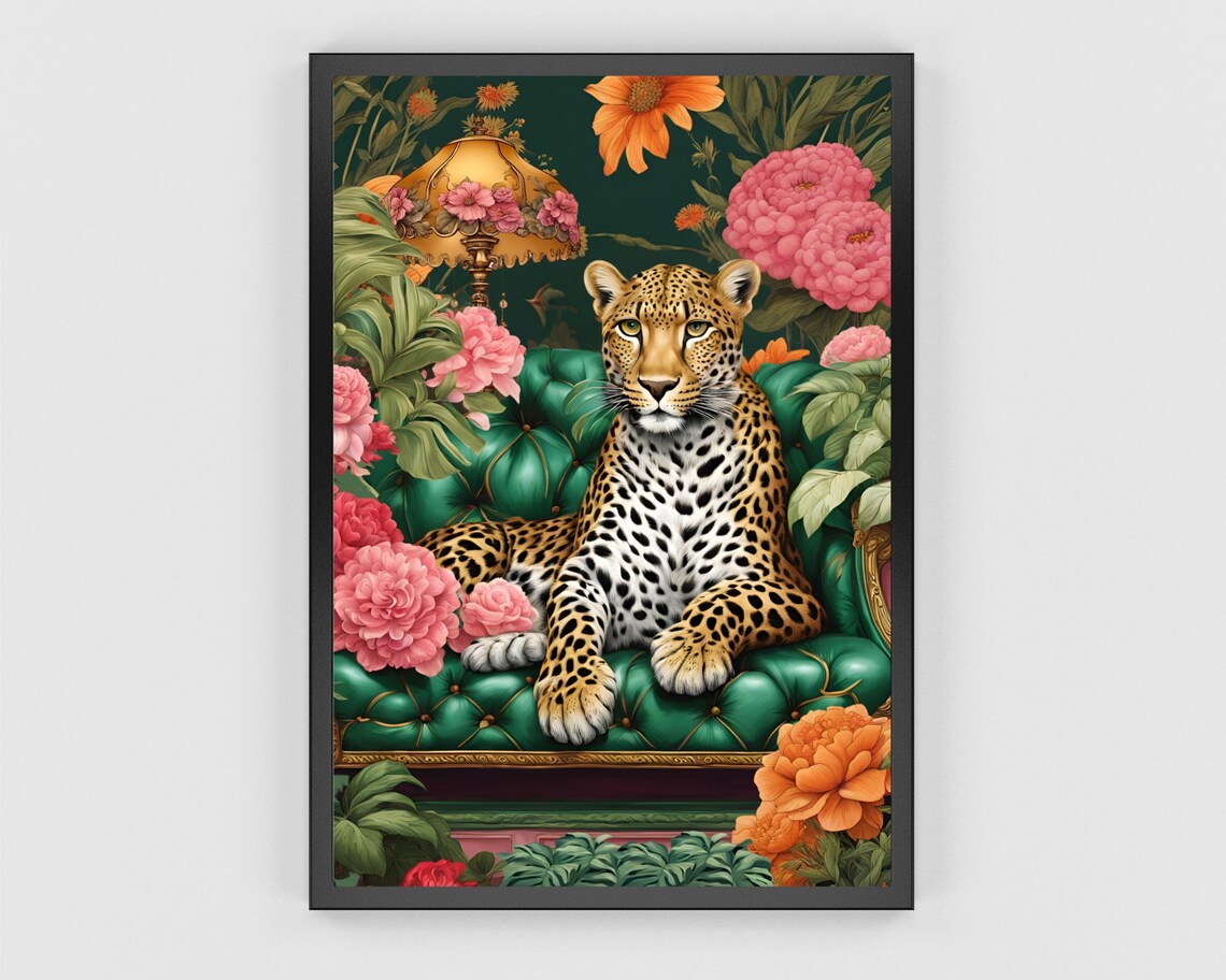 Leopard Lounging On A Sofa Art Print, Maximalist Decor - Image 3