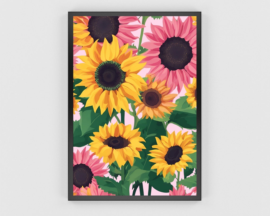 Yellow Pink Sunflower Field Blooming Floral Pattern Art Poster - Image 3