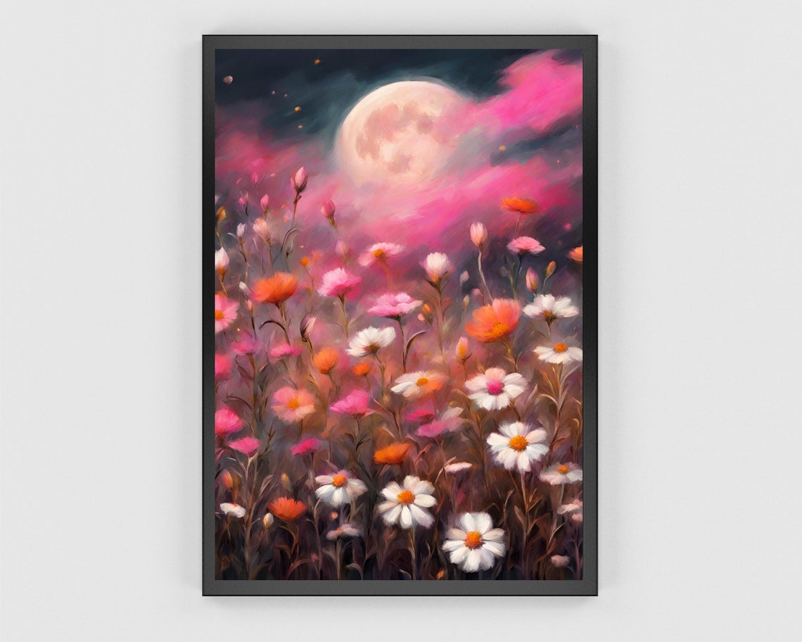 Full Moon Wildflower Night Art Blush Daisy Meadow Dream Print - Image 3