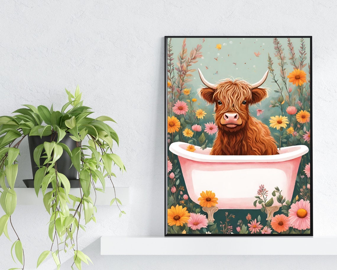 Highland Cow in Pink Bathtub Wildflower Meadow Funny Art Poster - Image 2