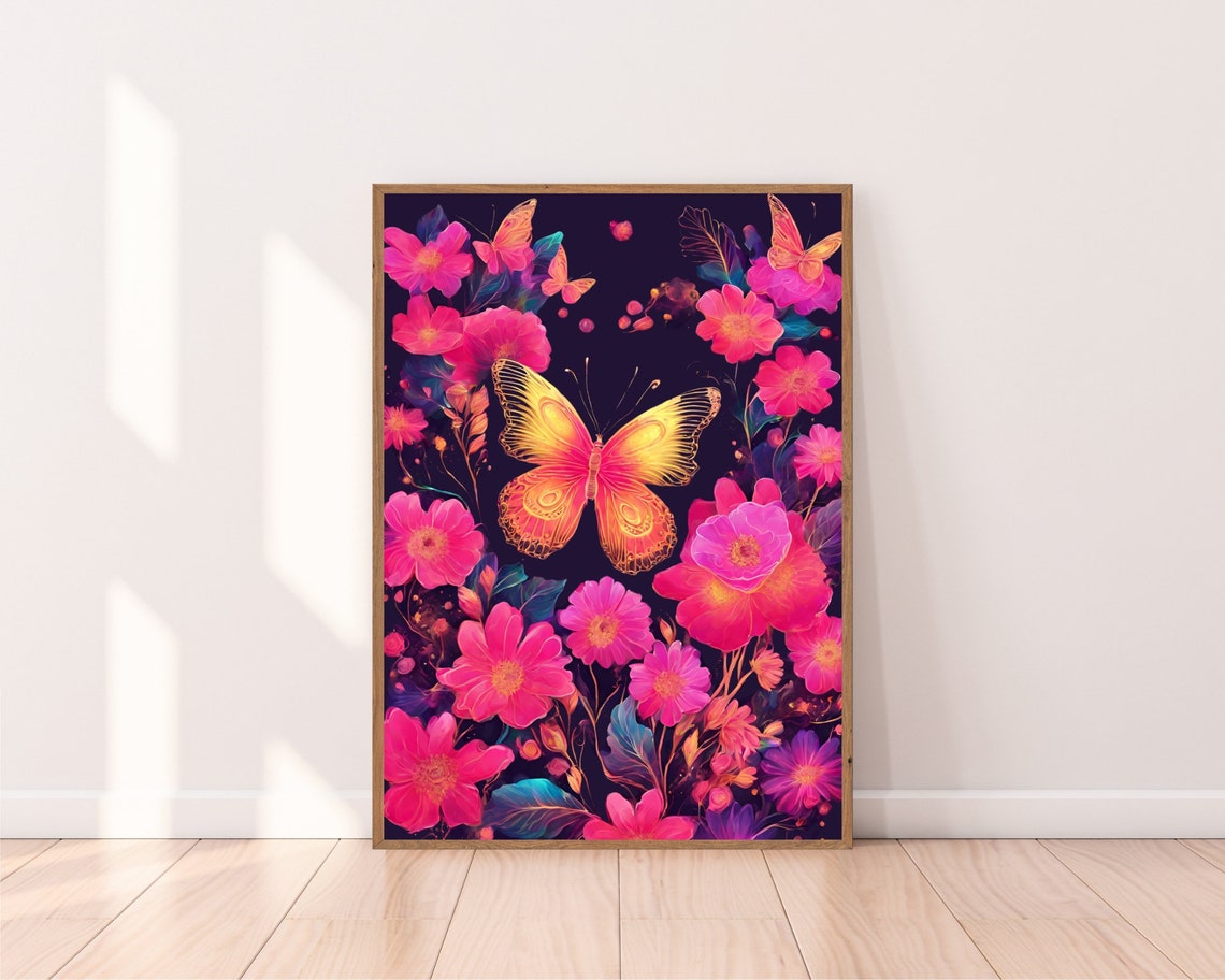 Neon Butterfly Night Garden Art Pink Flower Moth Floral Print - Image 2