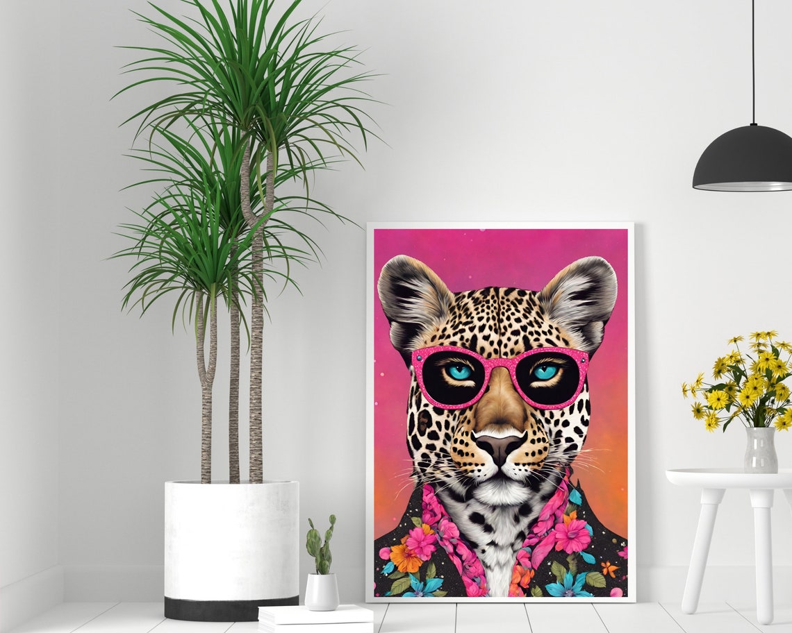 Leopard Pink Sunglasses Floral Jacket Bold Pop Art Portrait Poster - Image 2