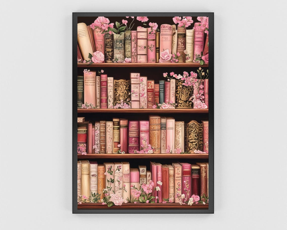 Vintage Pink Bookshelf with Roses Cozy Library Reading Poster - Image 3