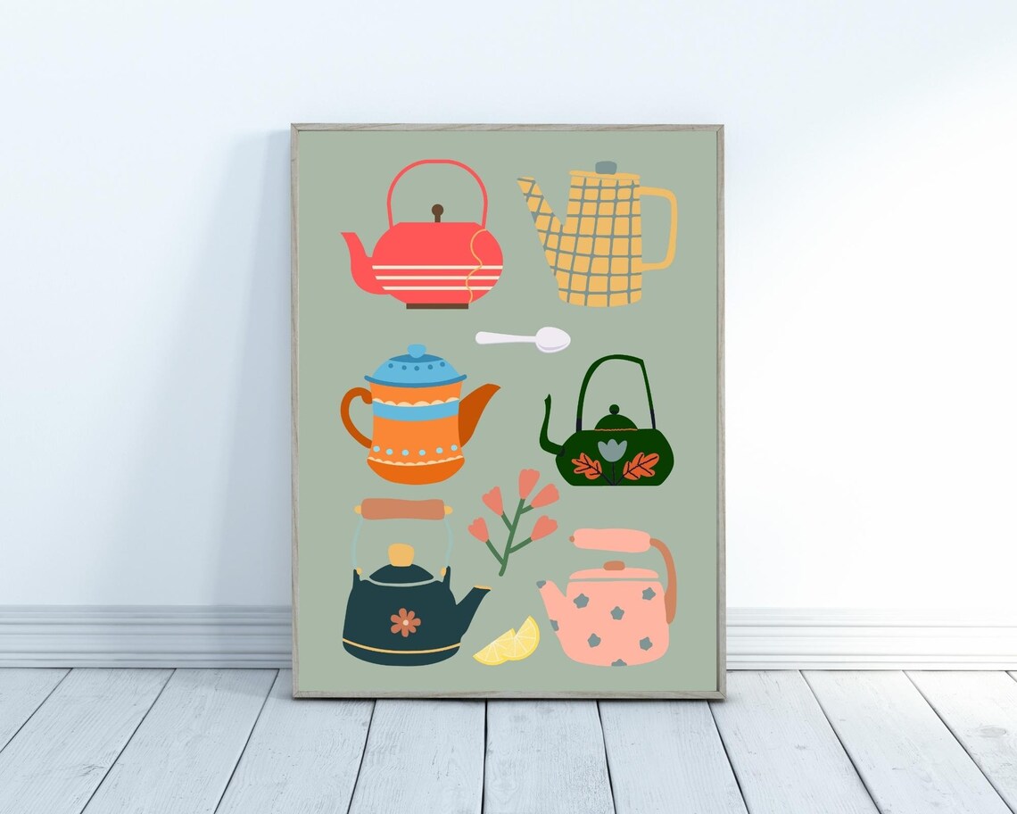 Retro Teapots Art Print, Botanical Kitchen Decor - Image 2