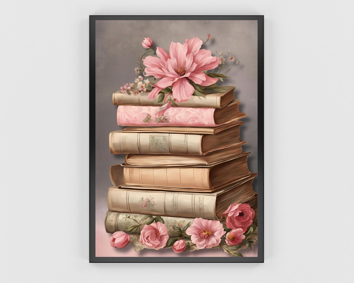 Tall Stack Of Vintage Books Topped With Pink Flowers Art Poster - Image 3